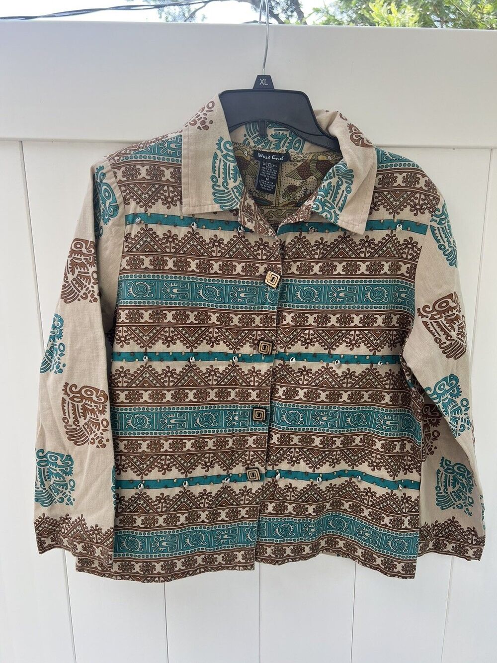 West End Womens Button Up medium Embellished Sea Shells Linen Blend Vintage